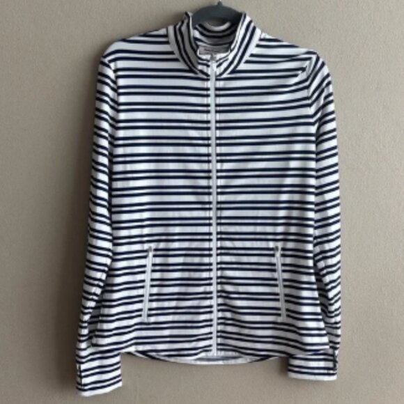 Tommy Bahama Navy and White Striped UPF 50 Long Sleeve Active Zip Jacket Large - Picture 1 of 6